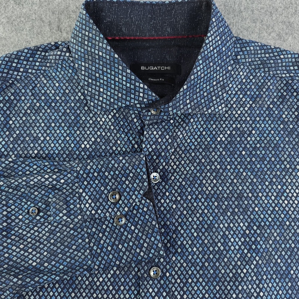 Bugatchi Shirt Mens Large Classic Fit Blue Geometric Long Sleeve Button Up